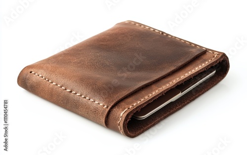 Luxury Leather Wallet A high-quality leather wallet with visible stitching and a soft texture, partially open to reveal credit card slots, on a white background.