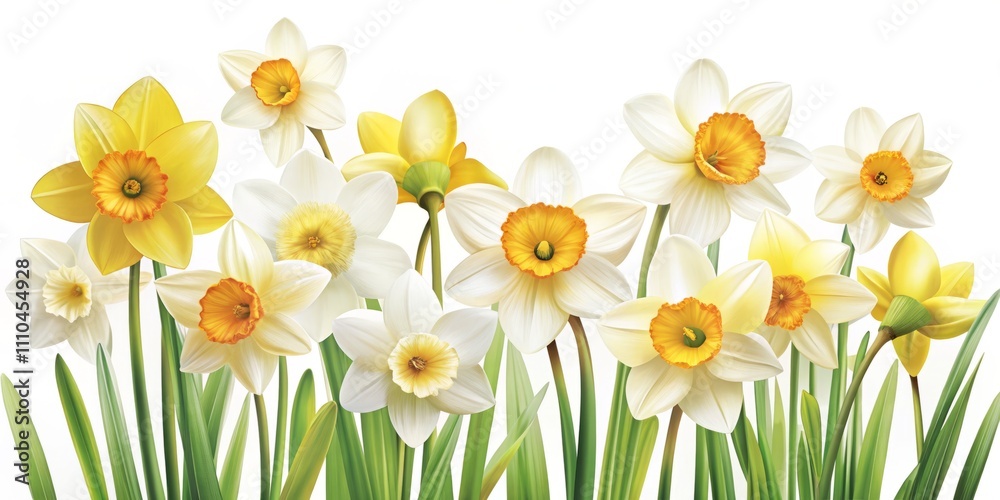 Beautiful Illustration of White and Yellow Daffodils Isolated on a Clean White Background, Ideal for Spring-Themed Designs, Invitations, and Floral Decor Beautiful Illustration of White and Yellow Daffodils Isolated on a Clean White Background, Ideal for Spring-Themed Designs, Invitations, and Floral Decor