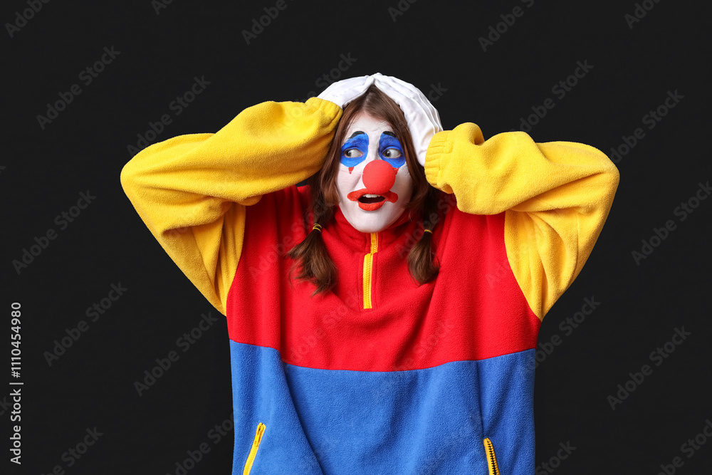 Young shocked woman dressed as sad clown on black background. April Fool's day celebration Young shocked woman dressed as sad clown on black background. April Fool's day celebration