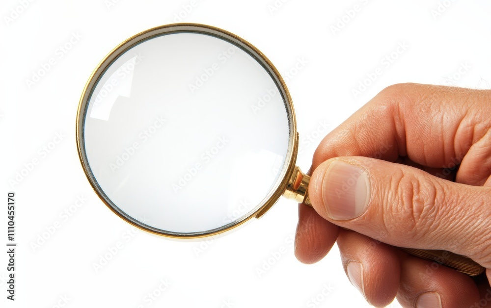 Hand holding magnifying glass professional photo on clean bright white background Hand holding magnifying glass professional photo on clean bright white background
