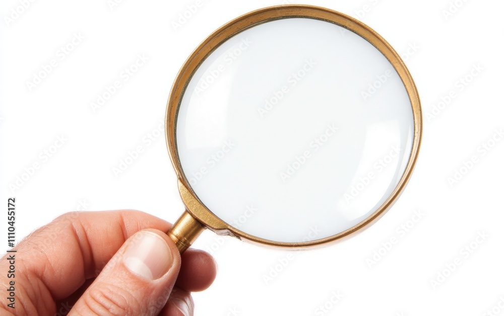 Hand holding magnifying glass professional photo on clean bright white background Hand holding magnifying glass professional photo on clean bright white background