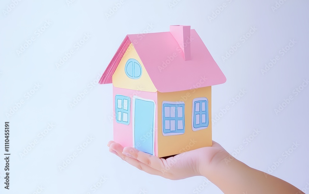 Hand holding paper house on professional photo on clean bright white background Hand holding paper house on professional photo on clean bright white background
