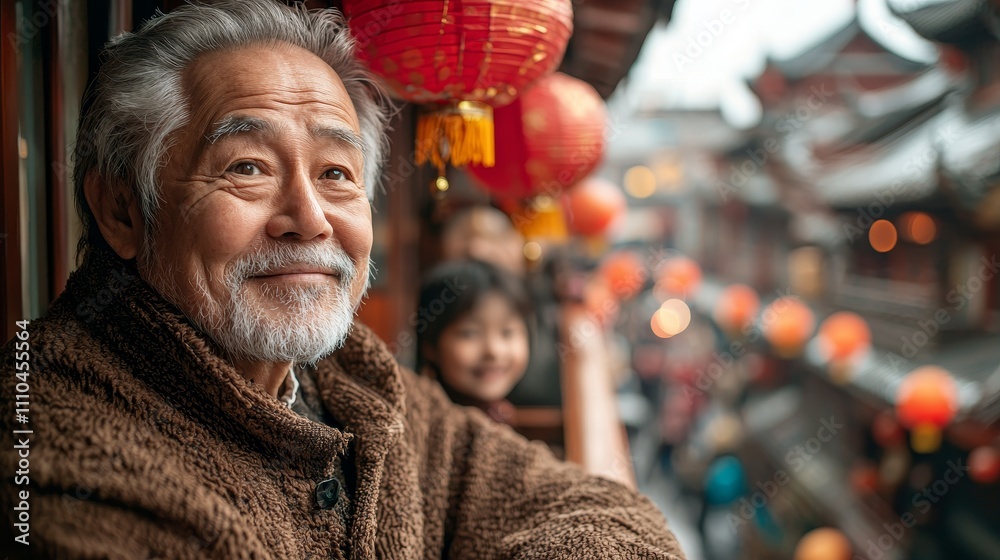 Obraz premium Elderly man smiling in traditional setting with red lanterns