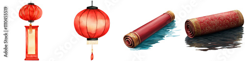 Chinese New Year festival and symbolism, A vibrant collection of red lanterns and decorative scrolls, showcasing traditional Asian design elements.