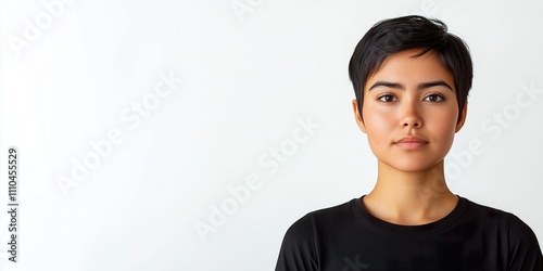 Close-up portrait of a young woman with short black hair wearing a black shirt, looking directly at the camera against a clean white background with a minimalist aesthetic.