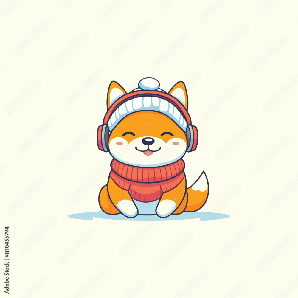 Naklejka premium Cute Shiba Inu Puppy with Headphones and Winter Attire Illustration