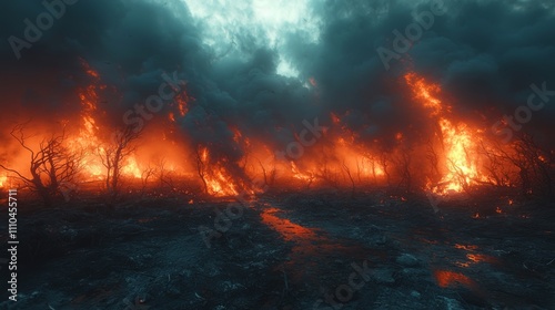 Fiery Landscape with Dark Skies and Burning Trees