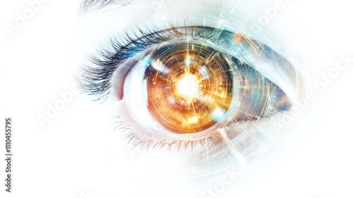 a high-tech human eye with transparent layers revealing quantum particles and light beams,