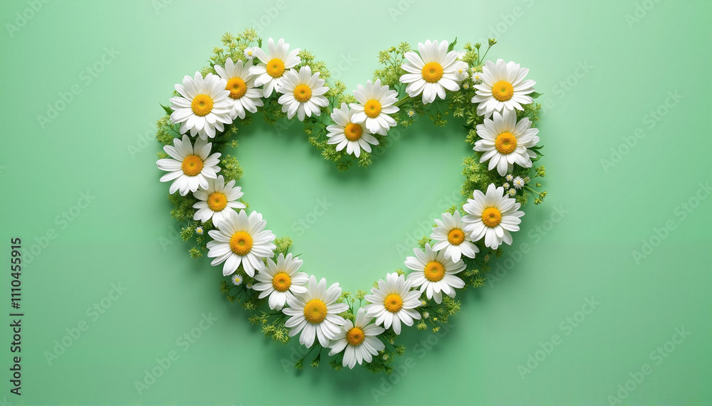 Heart Shape Made of White Daisies on Green Background Heart Shape Made of White Daisies on Green Background