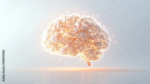 representation of a human brain formed by interconnected particles and glowing lines, floating against a clean white background,