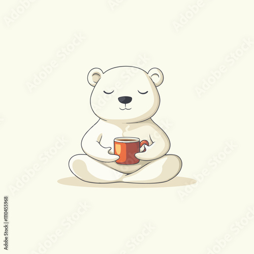 Cartoon Polar Bear Meditating with a Red Coffee Mug on Beige Background