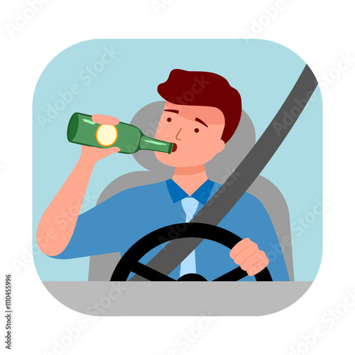 Male driver drinking alcohol while driving a car. Front view of driver holding a bottle in flat design vector illustration.