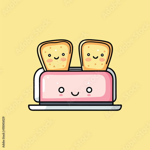 Cute Toaster with Smiling Toast Cartoon Illustration on Yellow Background