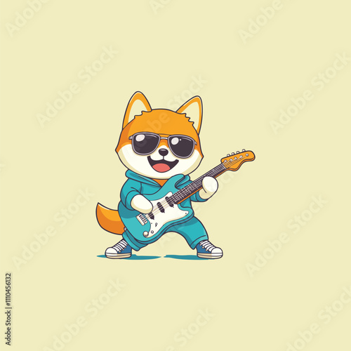 Cheerful Shiba Inu Rocking Electric Guitar with Cool Style and Sunglasses