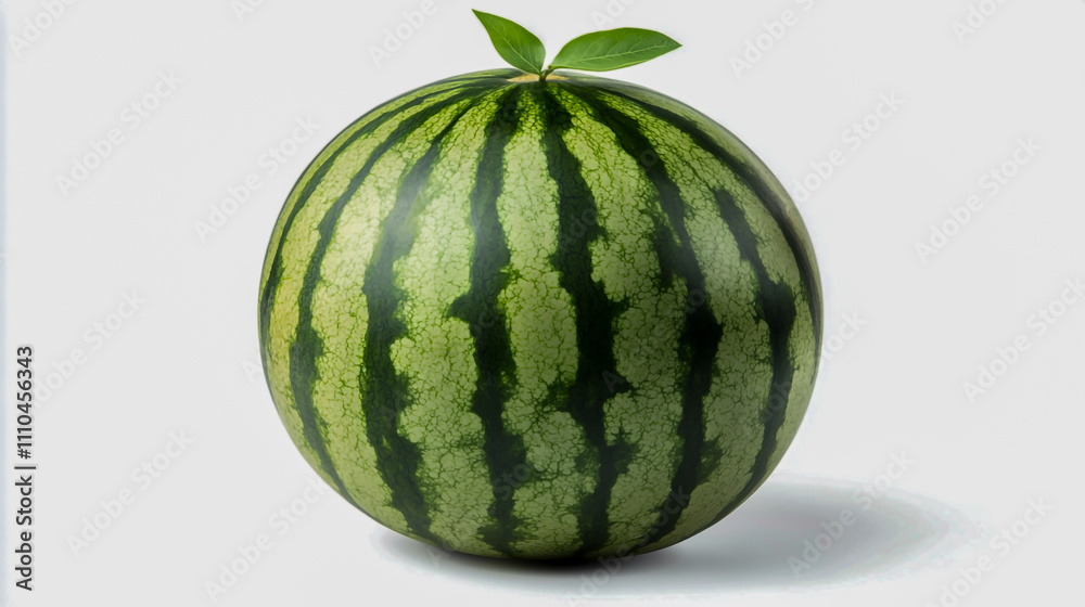 Hand-drawn illustration of a watermelon with a single leaf on top, set against a clean white background Hand-drawn illustration of a watermelon with a single leaf on top, set against a clean white background