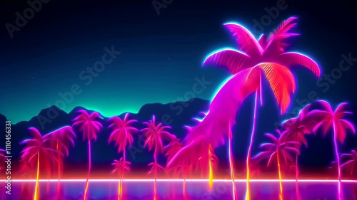 A neon-lit tropical scene with glowing pink palm trees reflected in still waters. The vibrant colors and dramatic mountains in the background create a surreal, retro-futuristic vibe. photo