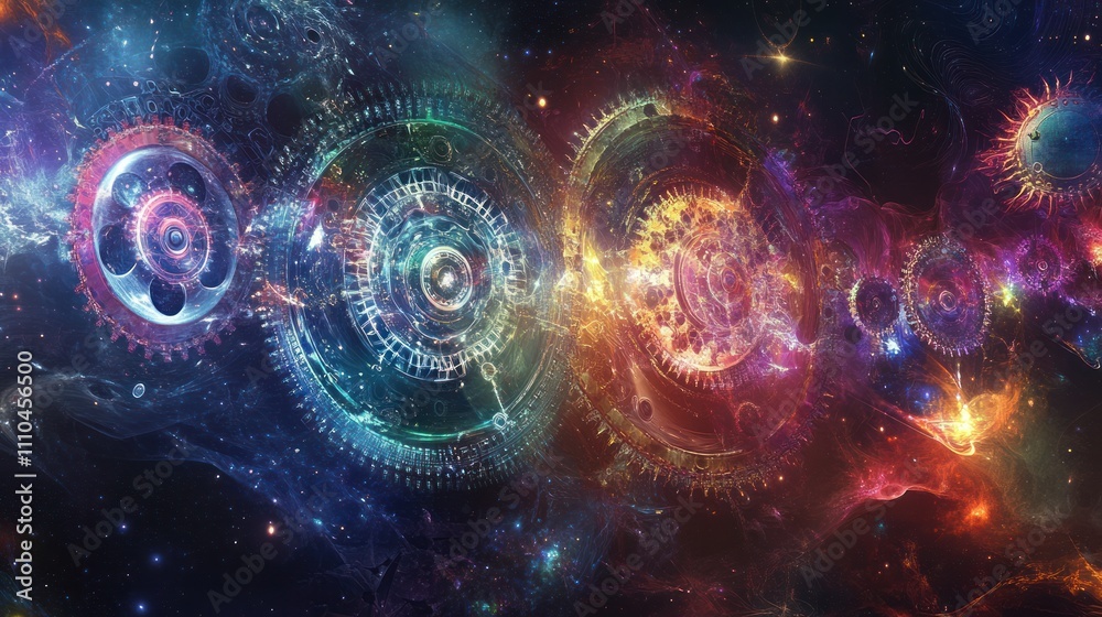 gear mechanism, highlighting the delicate balance of intricate components and luminous energy flows