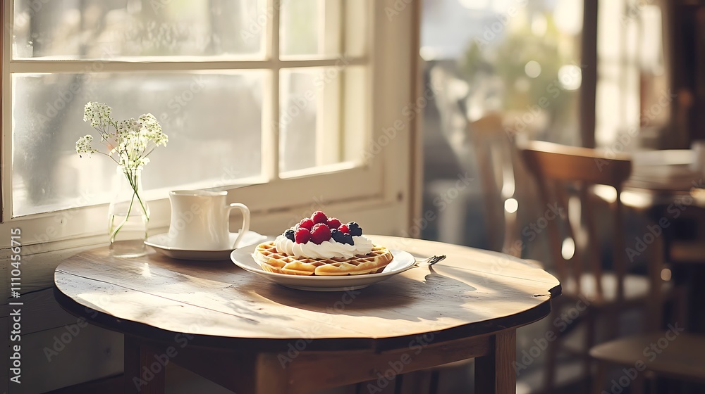 Cozy Rustic Corner with Waffles and Fresh Berries in Hotel Café Cozy Rustic Corner with Waffles and Fresh Berries in Hotel Café