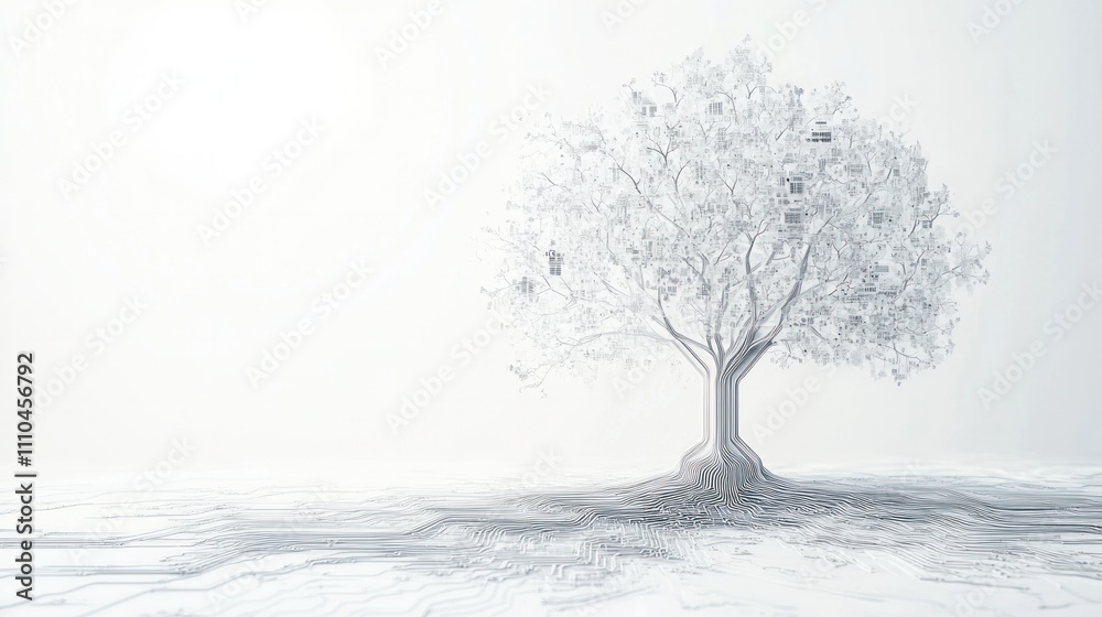 Fototapeta premium tree, where the leaves are intricately designed as circuit patterns,