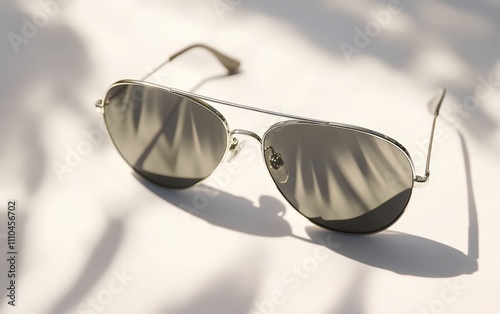 Pair of Sunglasses A stylish pair of aviator sunglasses with reflective lenses, casting soft shadows on a white background. photo