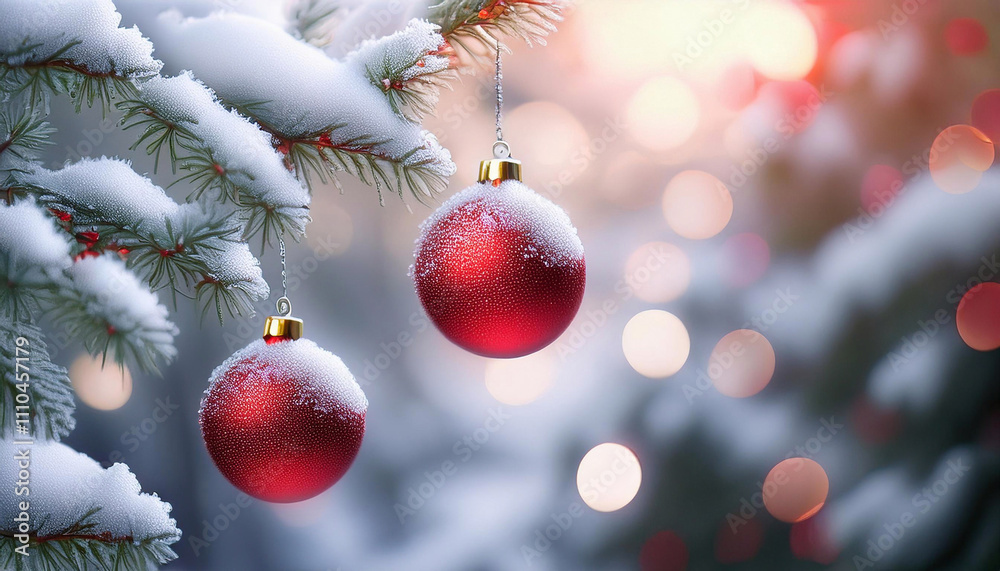 Obraz premium Święta, czerwone bombki na choince, kartka świąteczna z miejscem na tekst, życzenia, Merry Christmas, Boże Narodzenie, gwiazdka, efekt bokeh