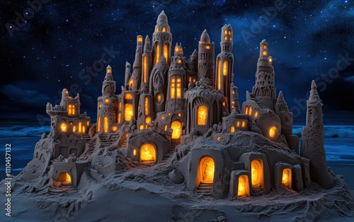 Sandcastle City A detailed sandcastle sculpted to look like a futuristic city, with tiny glowing windows and miniature inhabitants, set on a beach under a starry sky. photo