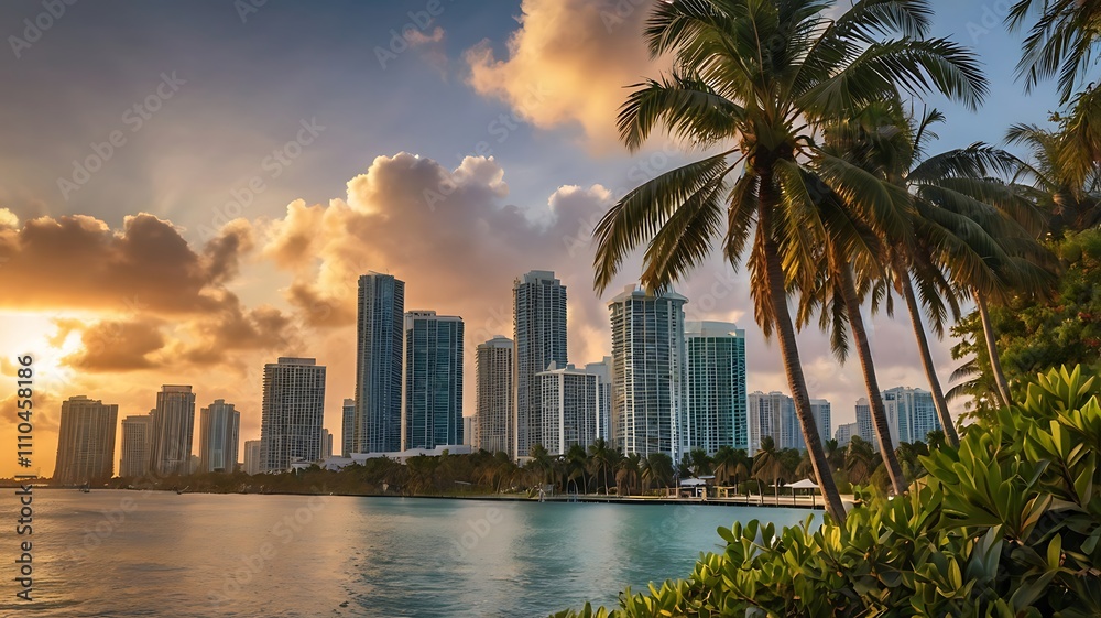 Naklejka premium city skyline at sunset