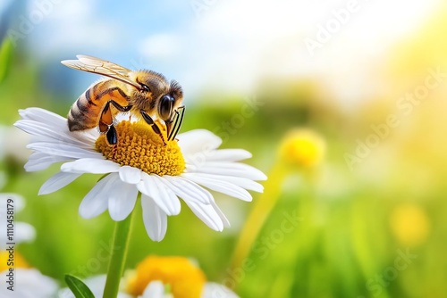 A close-up of a bee collecting nectar from a beautiful daisy flower in a vibrant summer garden.