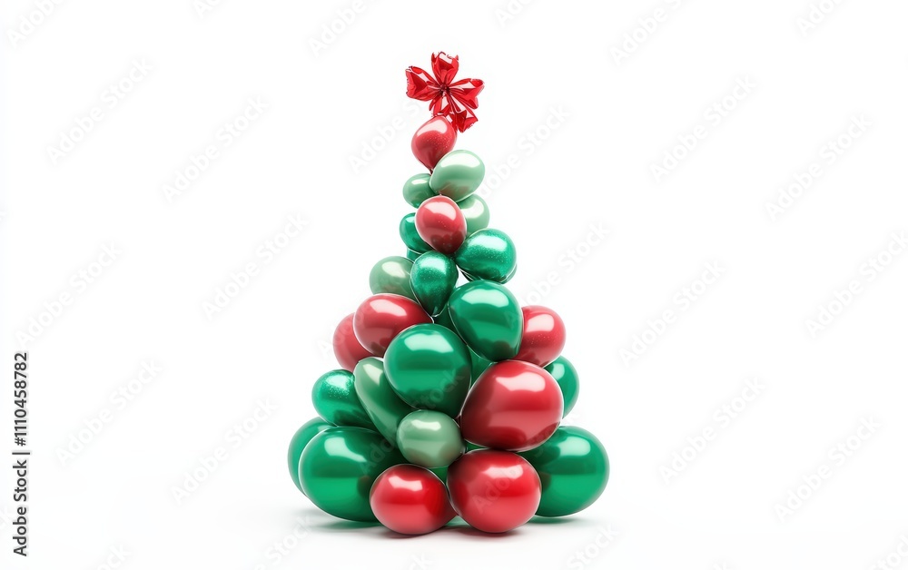 Fototapeta premium A Christmas tree composed of green and red balloons twisted into a festive design, set on a bright white background
