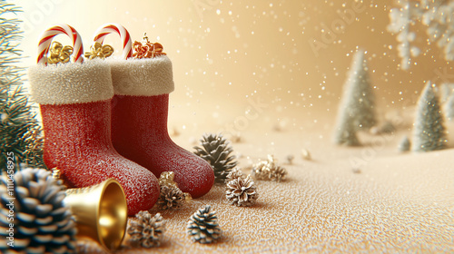 Classic Christmas Stockings Filled with Treats on a Snowy, Warm Winter Background