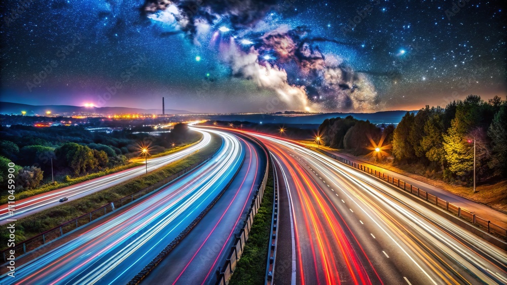 Captivating Night View of UK Motorway Highway: Illuminated Car Trails and Luminous Road Signs Under a Starry Sky Capturing the Essence of UK Transportation at Night