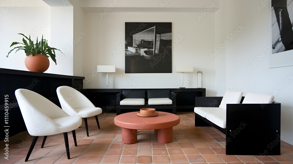 Fototapeta premium Terracotta modern living room with black and white elements