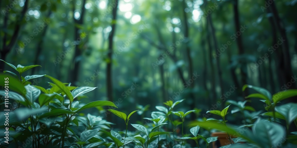 Futuristic technology blending with natural elements in a lush forest, leaves, harmony, development Futuristic technology blending with natural elements in a lush forest, leaves, harmony, development