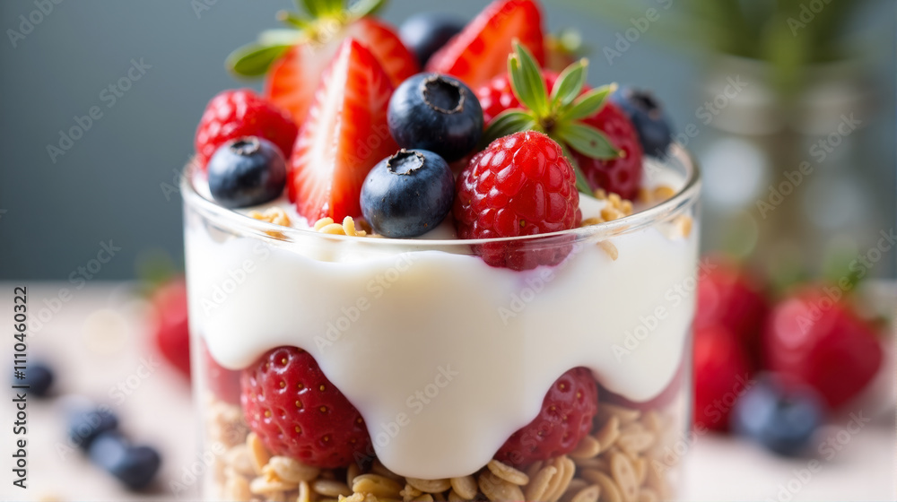 Delicious parfait made with layers of yogurt, granola, and fresh berries served in a glass Delicious parfait made with layers of yogurt, granola, and fresh berries served in a glass