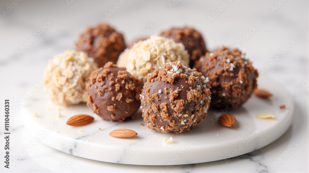 Dessert balls made with chocolate, oats, and crushed cookies on a white plate alongside a drink and nuts Dessert balls made with chocolate, oats, and crushed cookies on a white plate alongside a drink and nuts