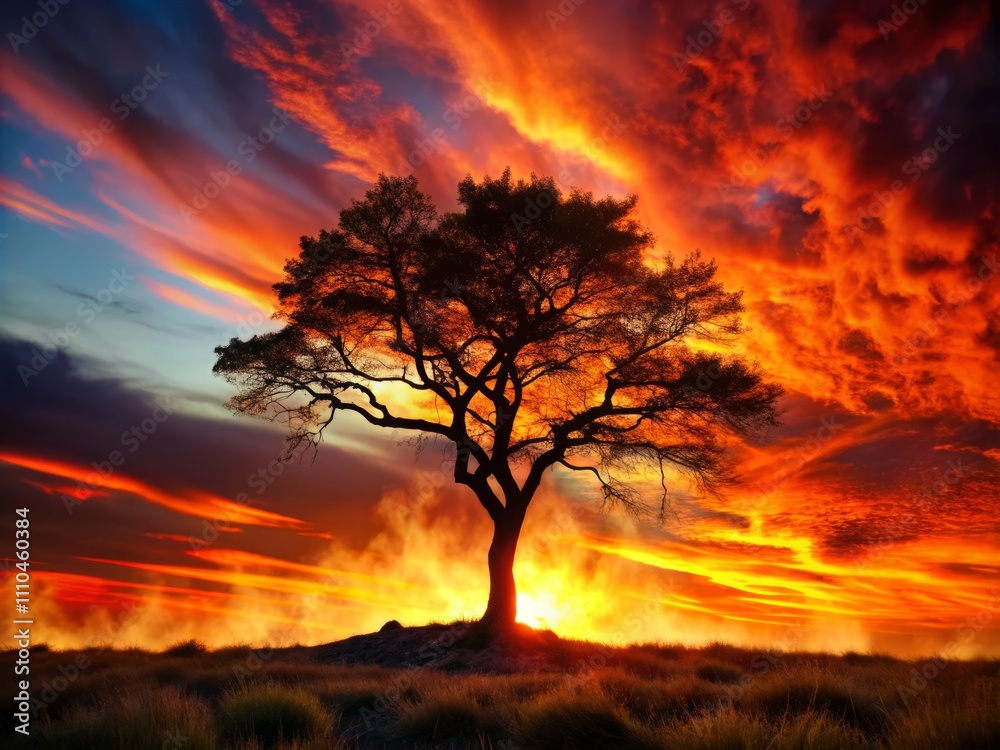 Captivating Silhouette of a Tree Against a Fiery Sunset Background, Aesthetic Contrast of Dark Shapes and Fiery Hues, Perfect for Nature and Abstract Photography Enthusiasts