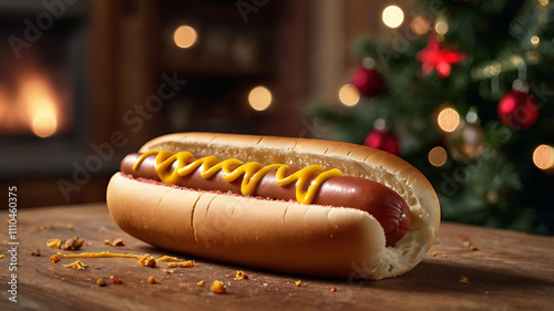 A delicious hot dog with mustard sits on a wooden board in front of a fireplace and Christmas tree. photo