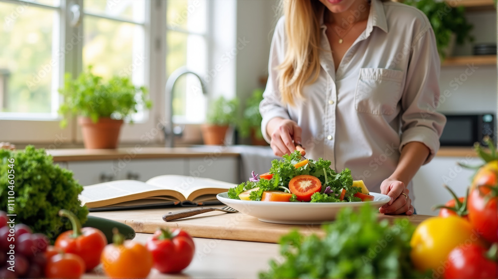 Joyful woman prepares fresh salad in bright kitchen filled with vegetables and herbs during the day