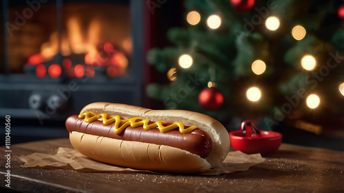 A hot dog with mustard on a bun, sits on a wooden table in front of a fireplace and Christmas tree. photo