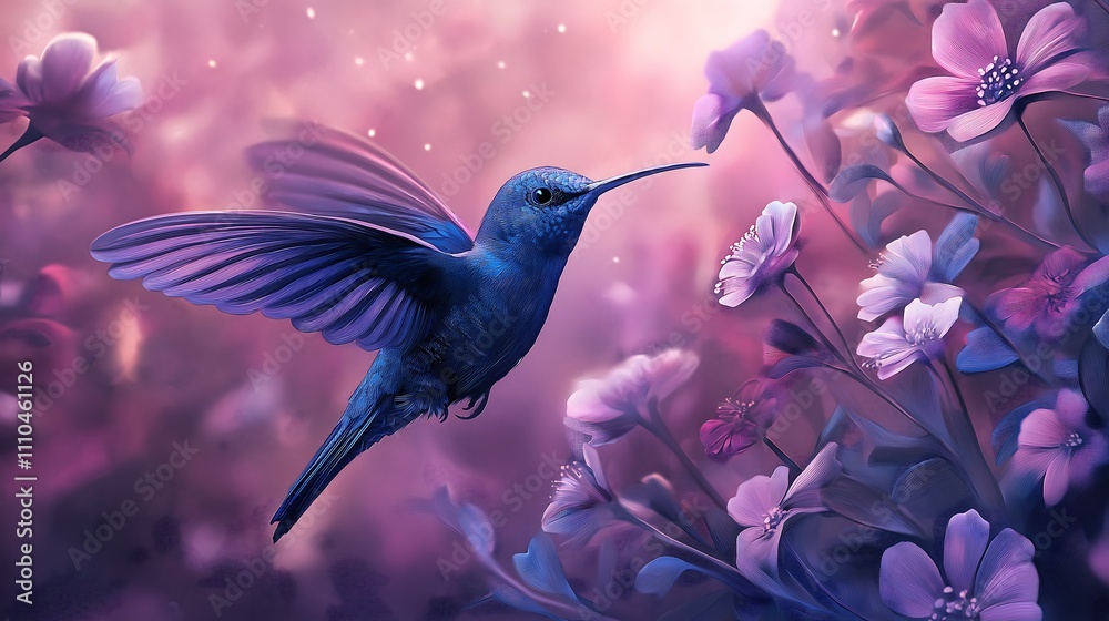 Fototapeta premium illustration hummingbird and in the background many flowers, purple clay