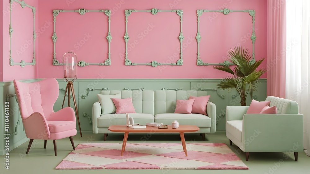 Naklejka premium Bubblegum pink and mint green room with vintage furniture