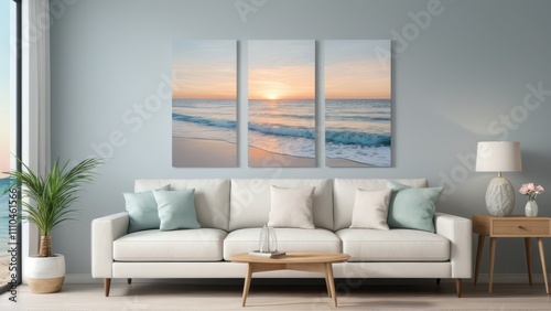 Living room interior with coastal-themed wall panel art, perfect for design and decor mockups.