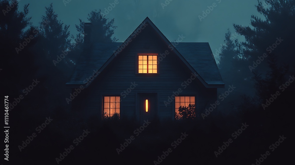 House with glowing illuminated windows standing against dark night sky image House with glowing illuminated windows standing against dark night sky image