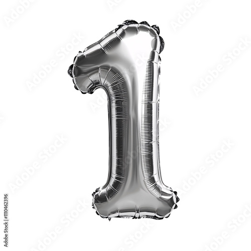 Silver Number Balloons 1 to 9 isolated on white & transparent a background. 1