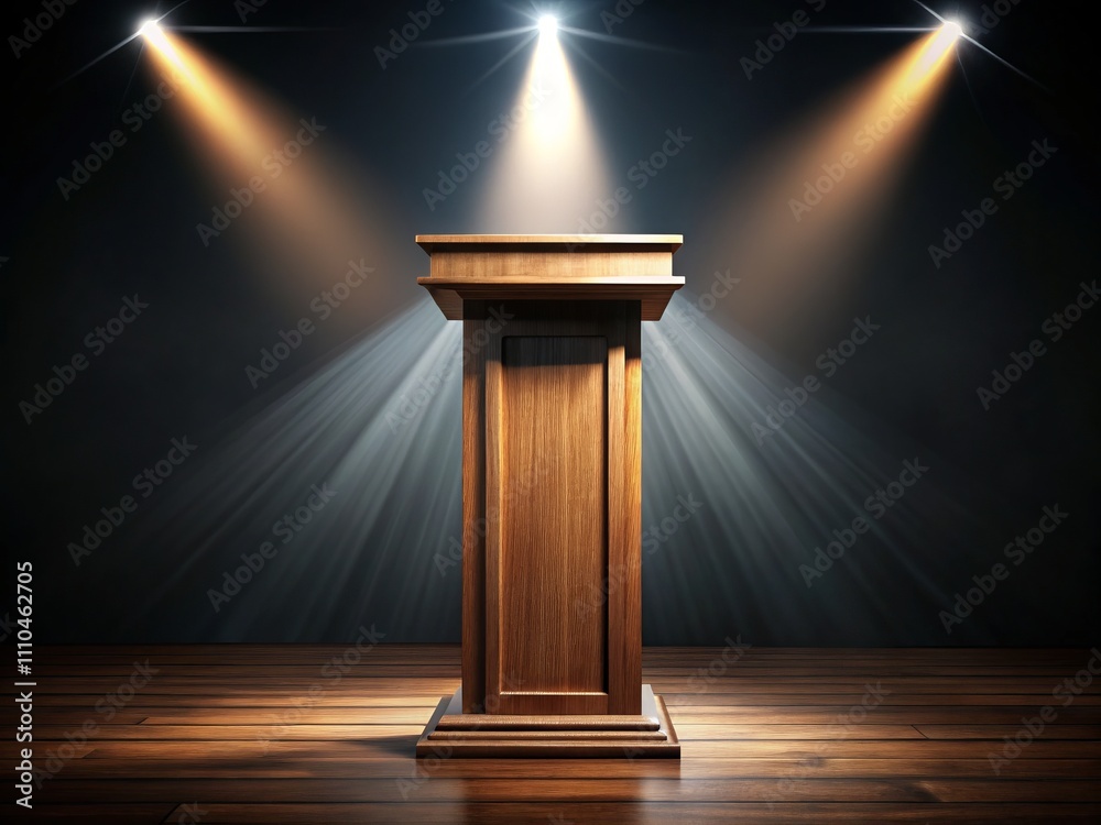Classic 3D Wooden Podium with Polished Surface Under Spotlights in Silhouette Photography for Professional Events and Presentations Classic 3D Wooden Podium with Polished Surface Under Spotlights in Silhouette Photography for Professional Events and Presentations