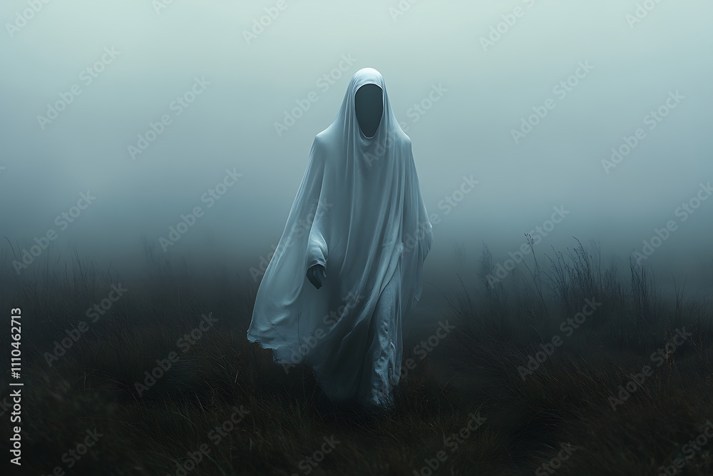 A ghostly figure in a white cloak walks through a foggy landscape. A ghostly figure in a white cloak walks through a foggy landscape.