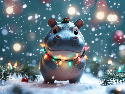 cute pygmy hippo adorned with colorful holiday lights in snowy scene. photo