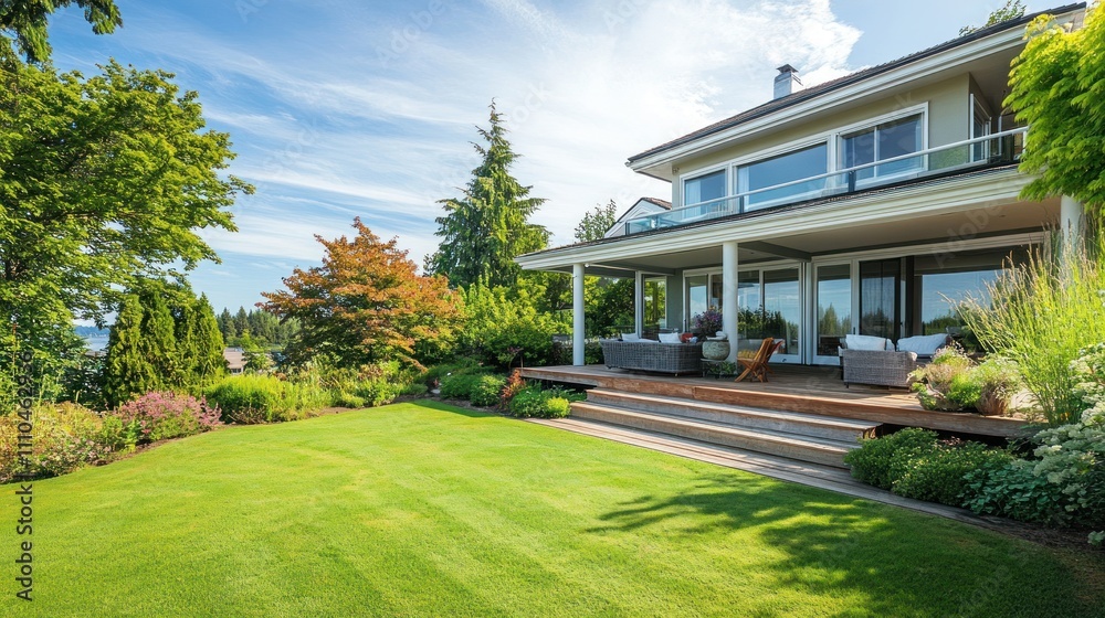 Fototapeta premium Luxury home with expansive lawn, deck, and landscaped garden.