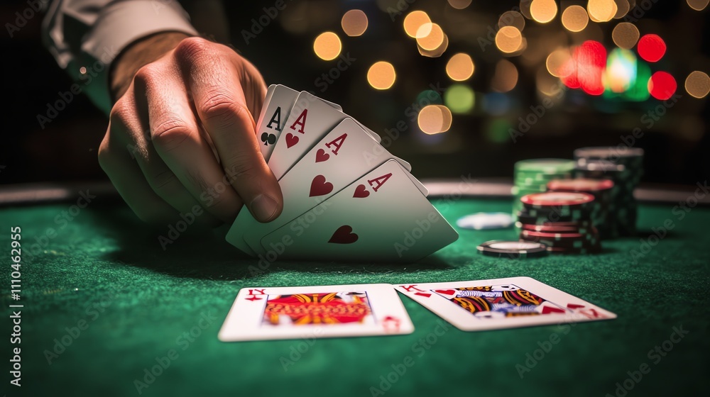 A poker player reveals four aces on a green felt table. A poker player reveals four aces on a green felt table.