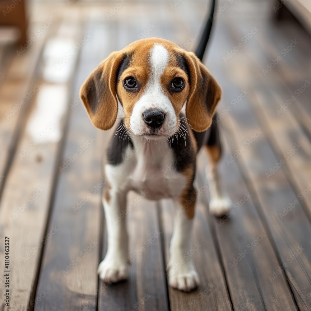 Cute beagle puppy standing on a wooden deck, looking at the camera with a playful smile and wagging tail Cute beagle puppy standing on a wooden deck, looking at the camera with a playful smile and wagging tail